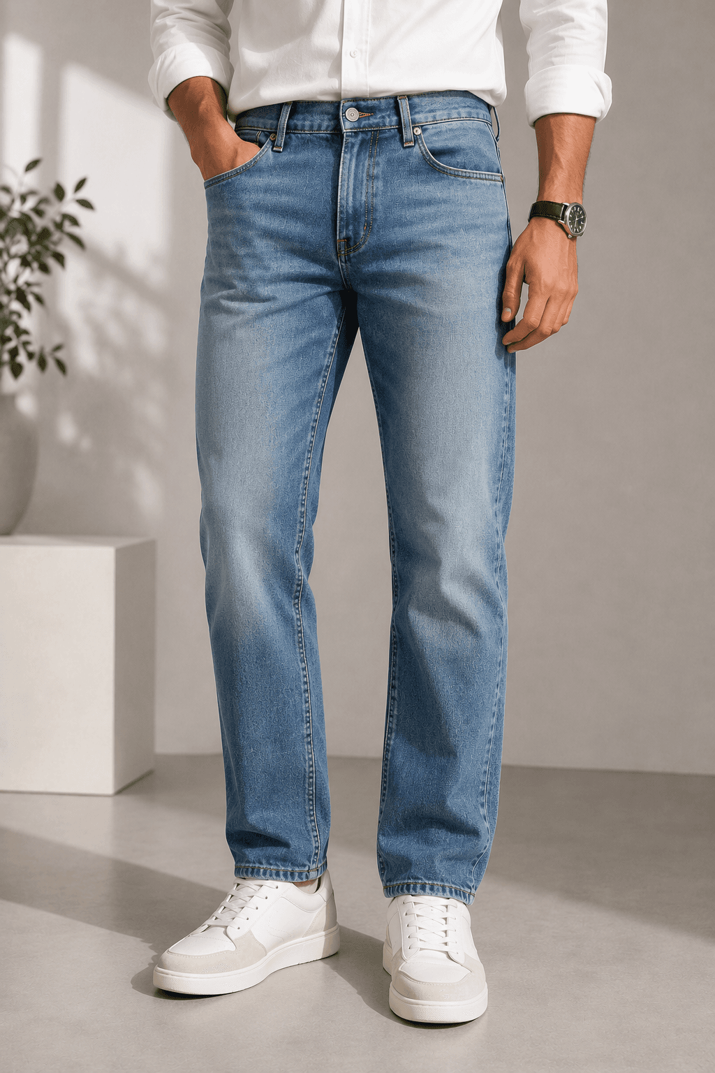 Washed Blue Straight Jeans