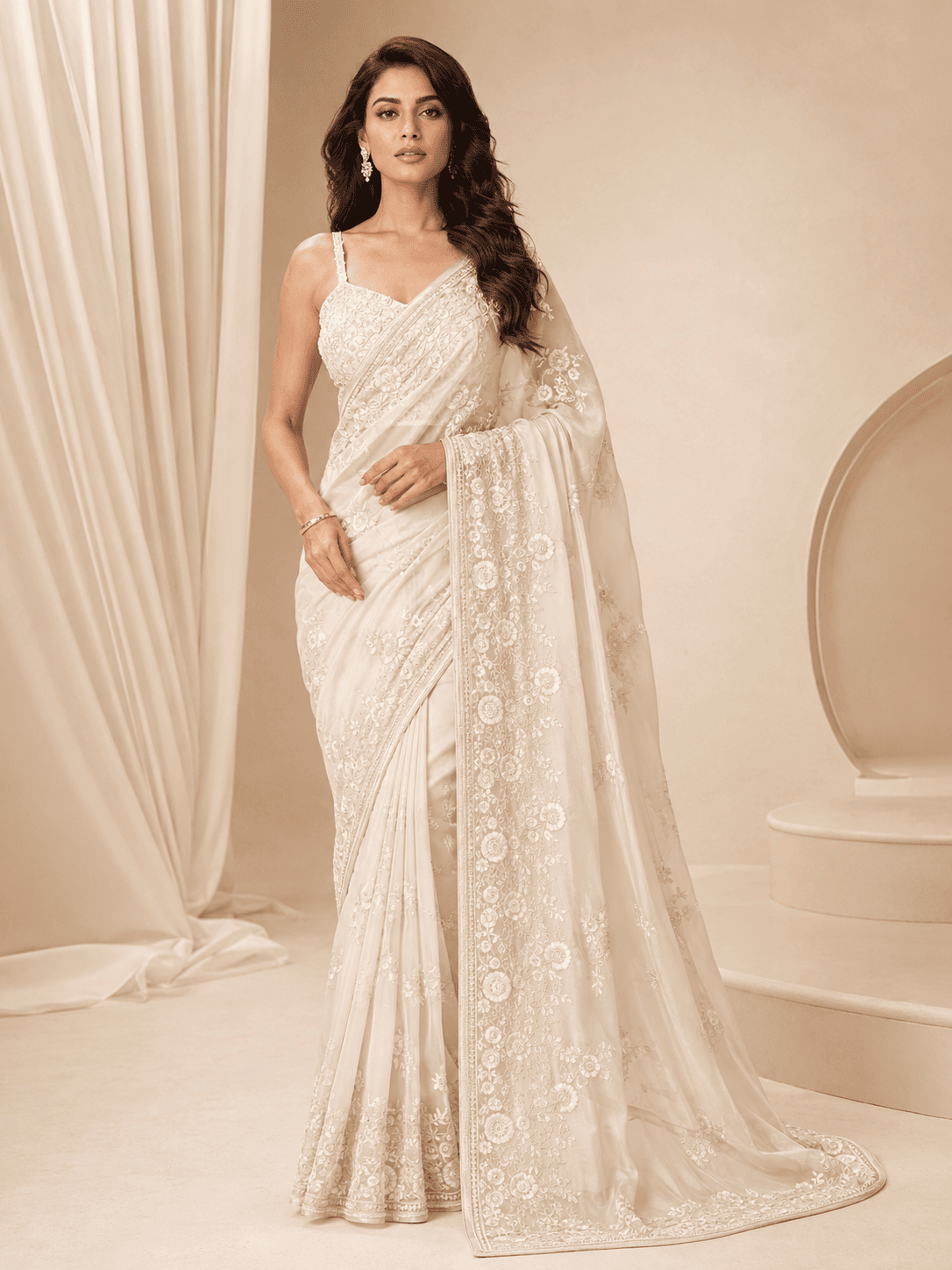 Ivory Embroidered Organza Saree