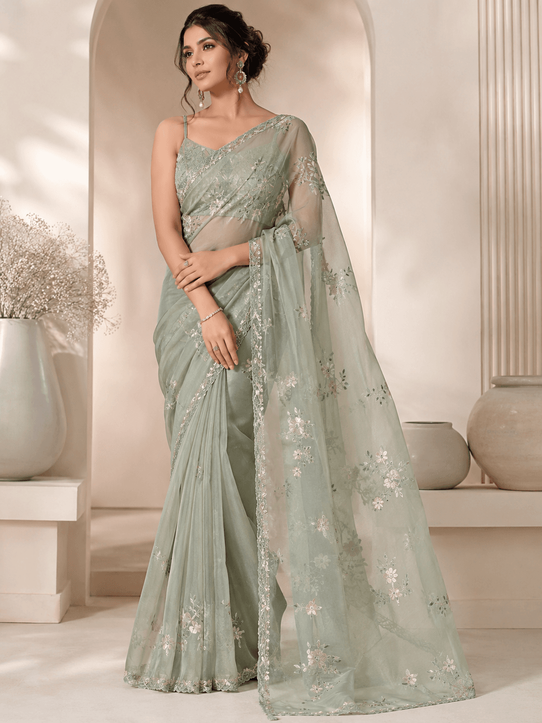 Sage Green Floral Organza Saree