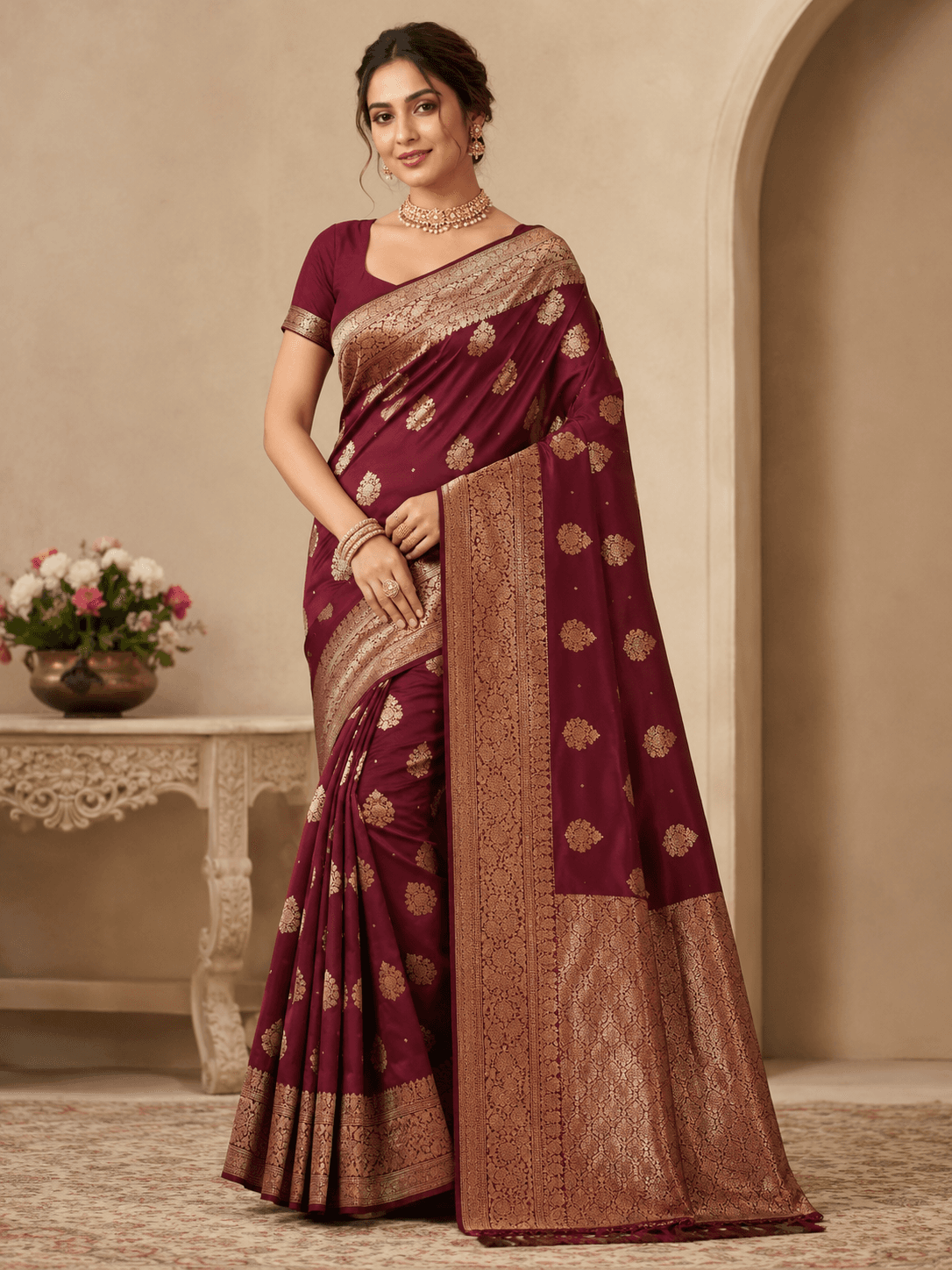 Wine Banarasi Silk Saree