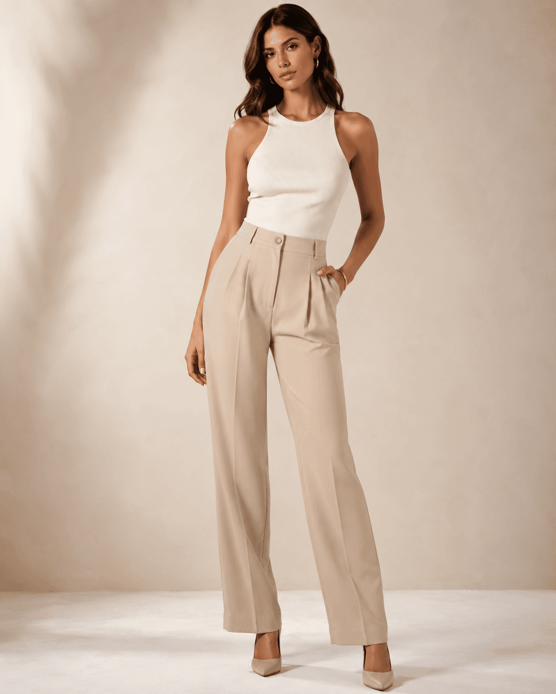Beige High Waist Trousers